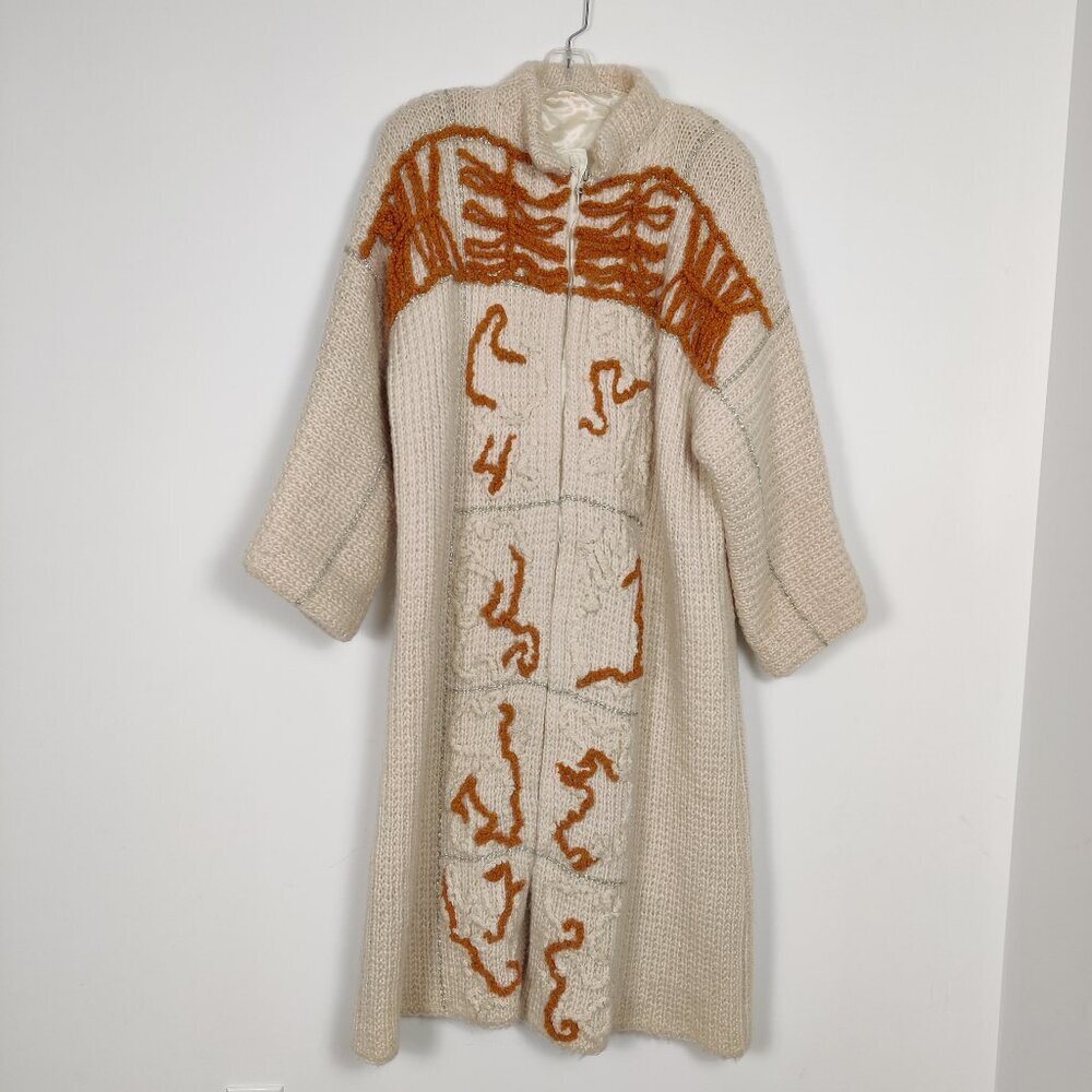 Women's Long Cardigan Size L/XL Beige Orange Fabric Embroidery Vintage Knitwear